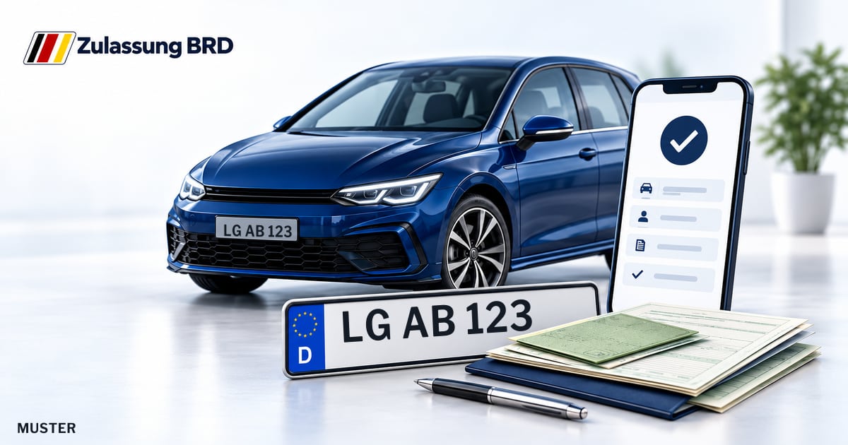 Online Fahrzeugzulassung in Lüneburg: Musterkennzeichen LG AB 123, Auto und Fahrzeugpapiere und Smartphone. Illustration mit Logo von Zulassung BRD.